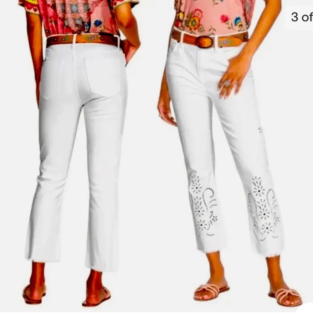 Johnny Was Pashmina White Eyelet Crop Baby Boot High Rise Hippie Jeans Sz 26 - Picture 11 of 11
